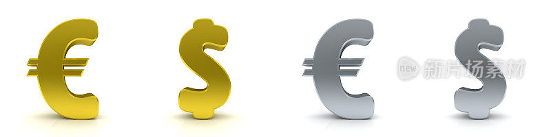 Euro Dollar sign € $ symbols gold silver colored business finance us and eu currency graphic illustration 3d rendering isolated on white background